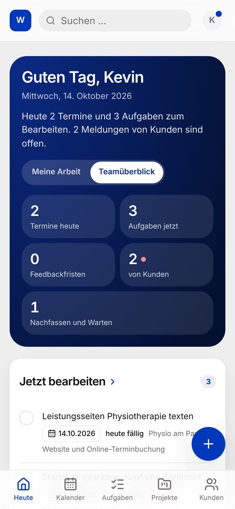 Tagesüberblick des Business OS auf dem Handy (Beispieldaten)