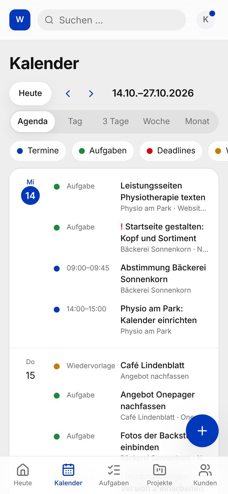 Kalender als Liste auf dem Handy (Beispieldaten)