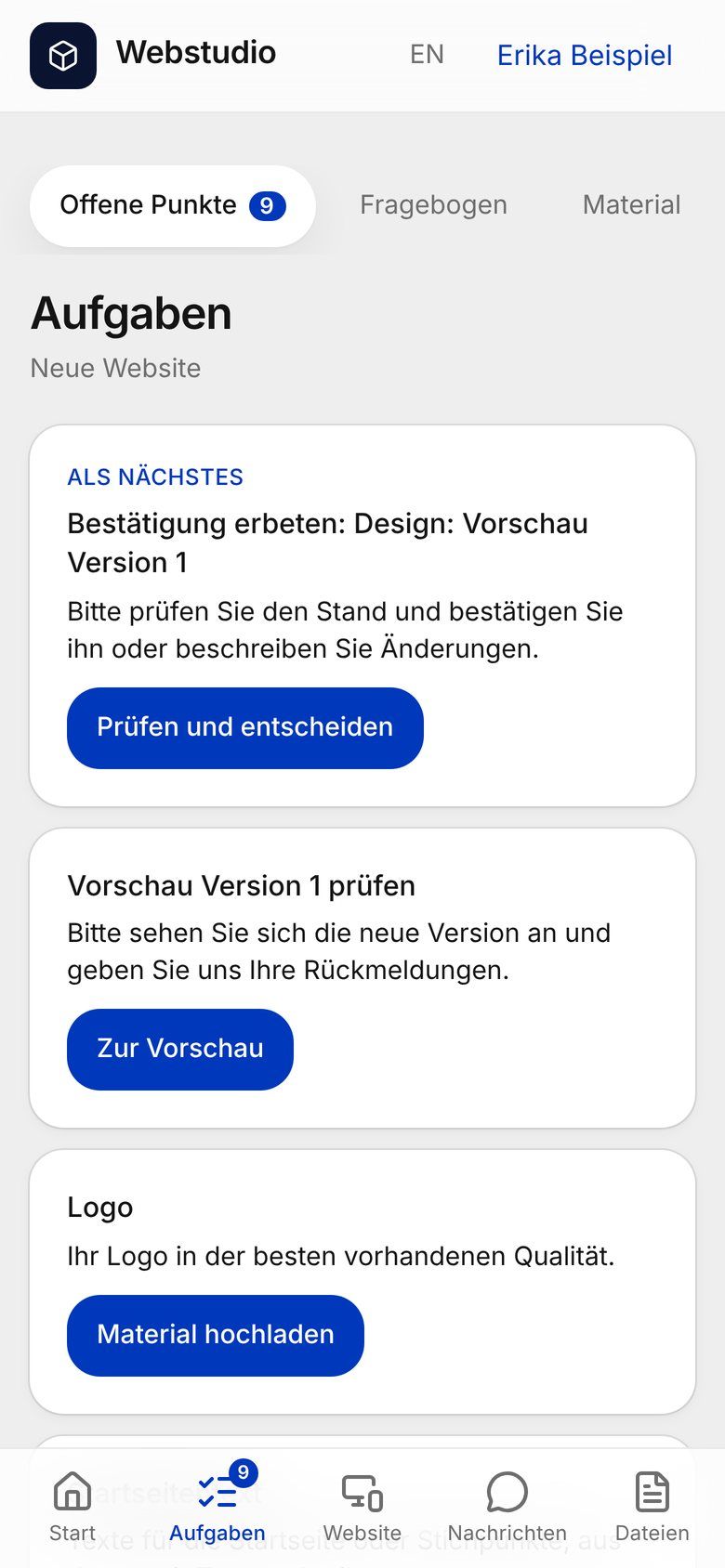 Offene Punkte im Kundenportal auf dem Handy (Beispieldaten)