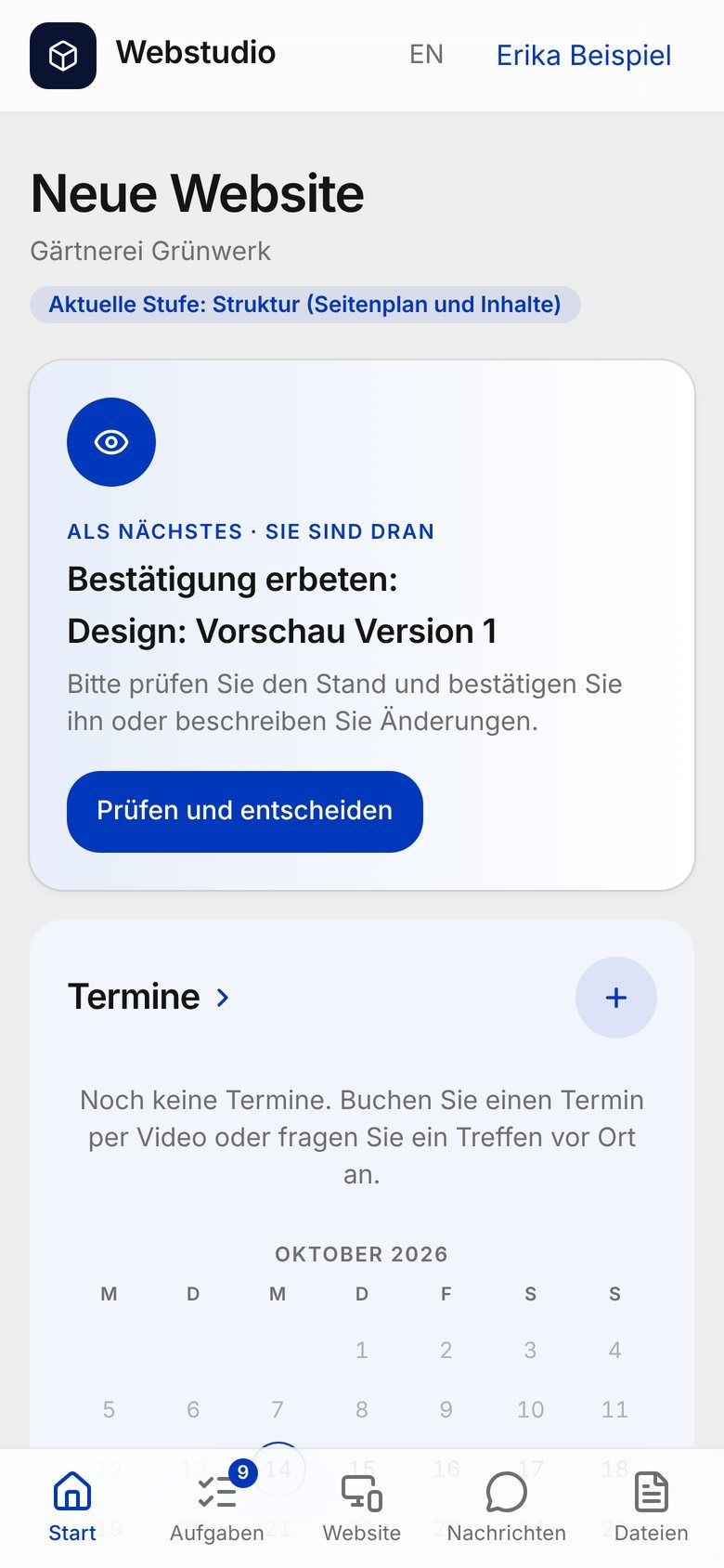 Startseite des Kundenportals auf dem Handy (Beispieldaten)