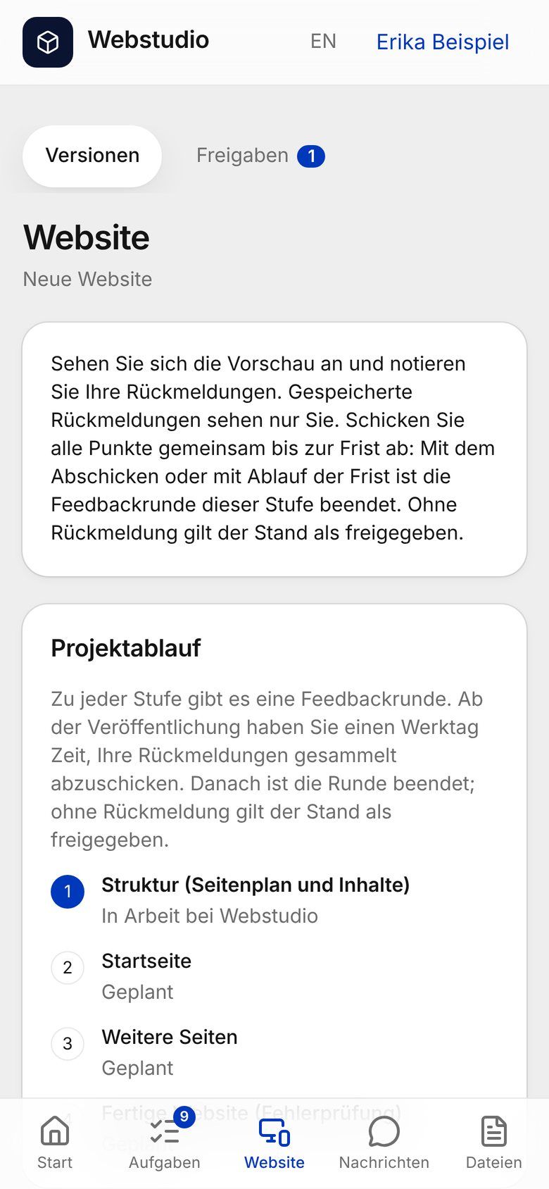 Projektablauf in Stufen auf dem Handy (Beispieldaten)