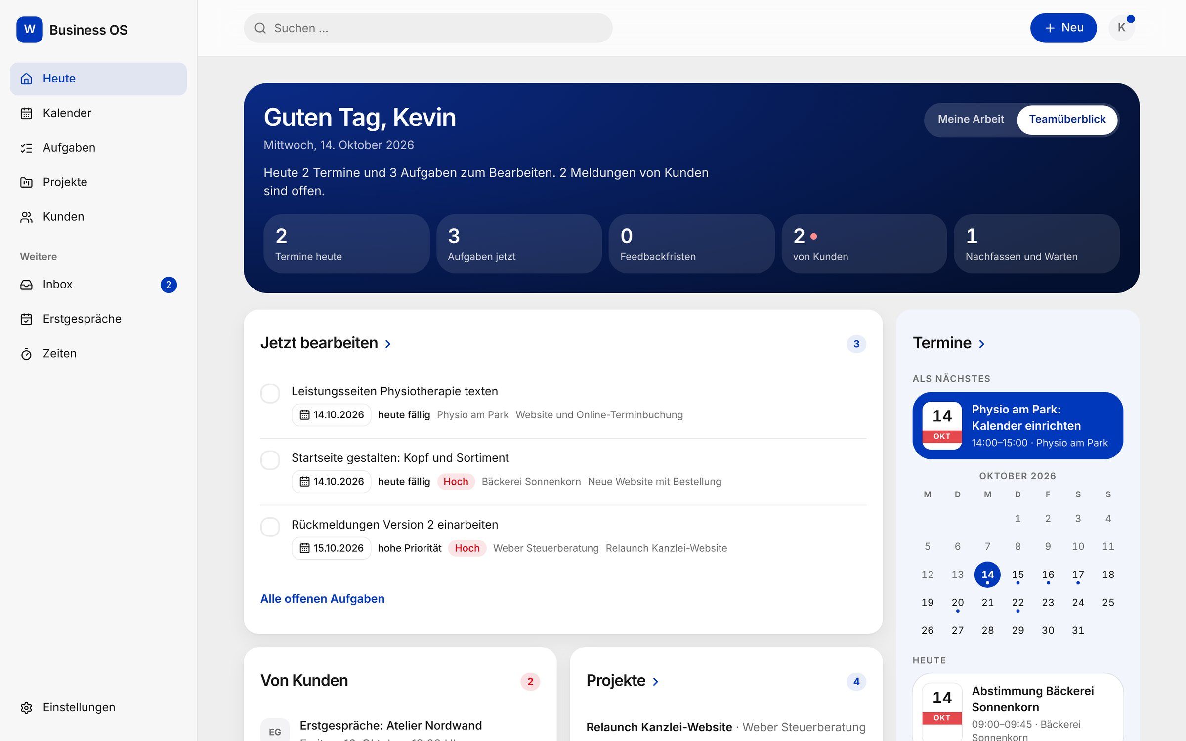 Startseite des Business OS mit Tagesüberblick, Aufgaben und Terminen (erfundene Beispieldaten)