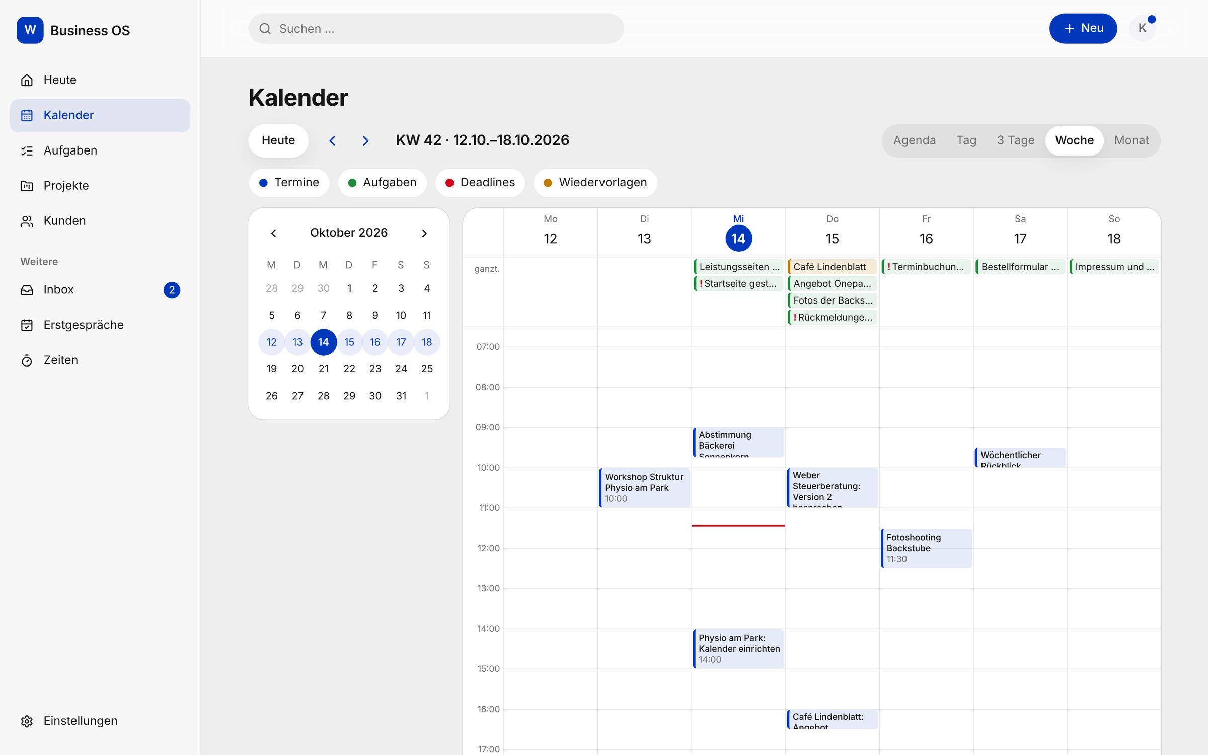 Wochenansicht im Kalender des Business OS mit Terminen, Aufgaben und Deadlines (Beispieldaten)