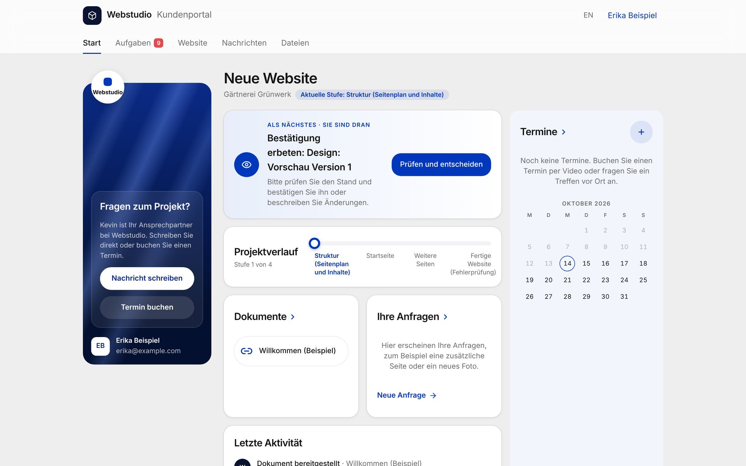 Startseite des Kundenportals mit dem nächsten Schritt, dem Projektverlauf und Terminen (Beispieldaten)