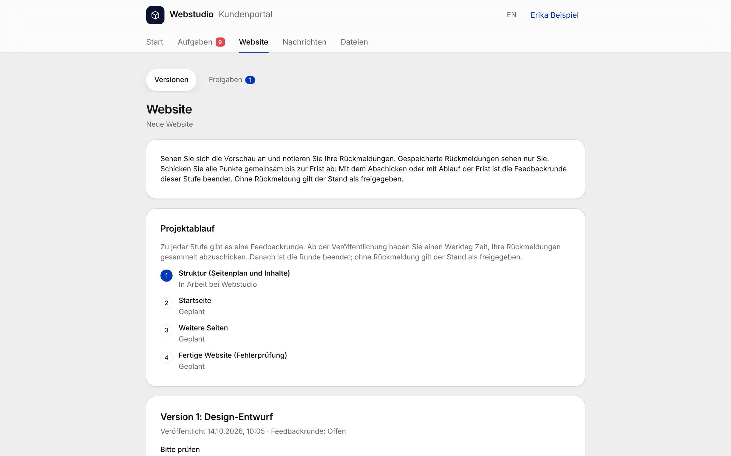 Bereich Website im Kundenportal mit Hinweis zur Feedbackrunde und dem Projektablauf in Stufen (Beispieldaten)
