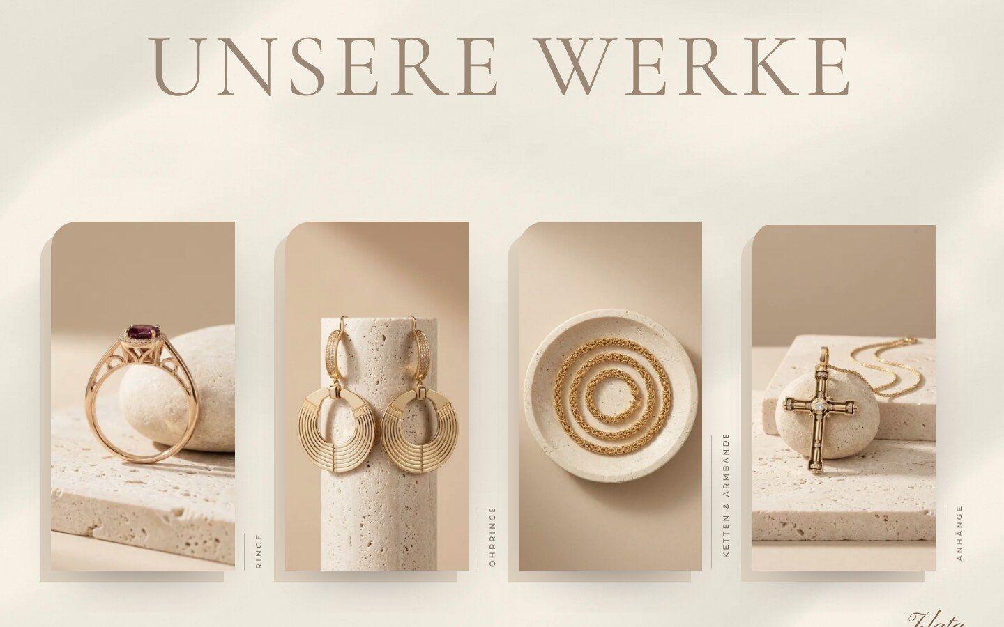 Abschnitt „Unsere Werke“ mit vier Kategorien